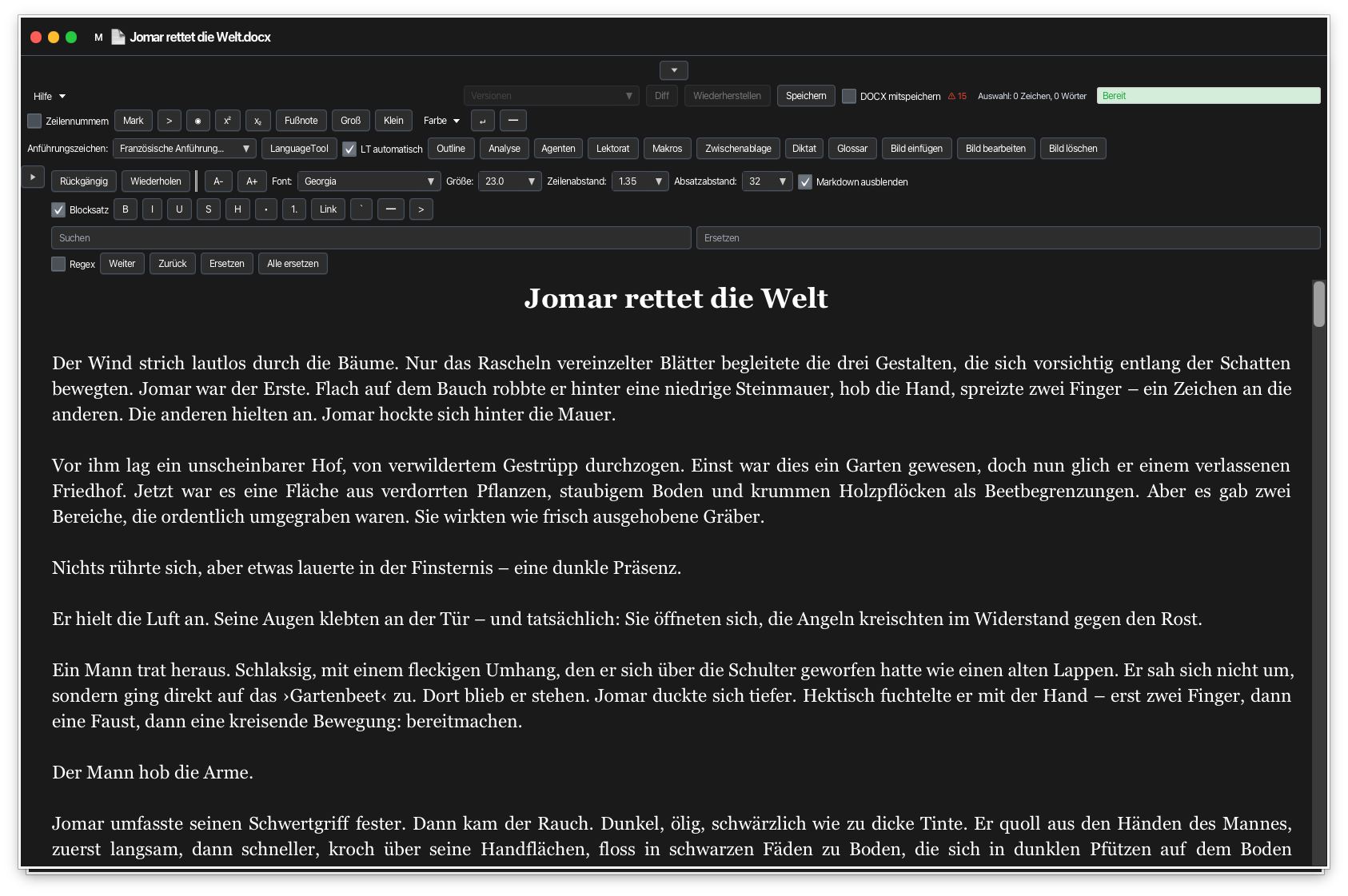 Kapitel-Editor mit Toolbars und formatiertem Fließtext