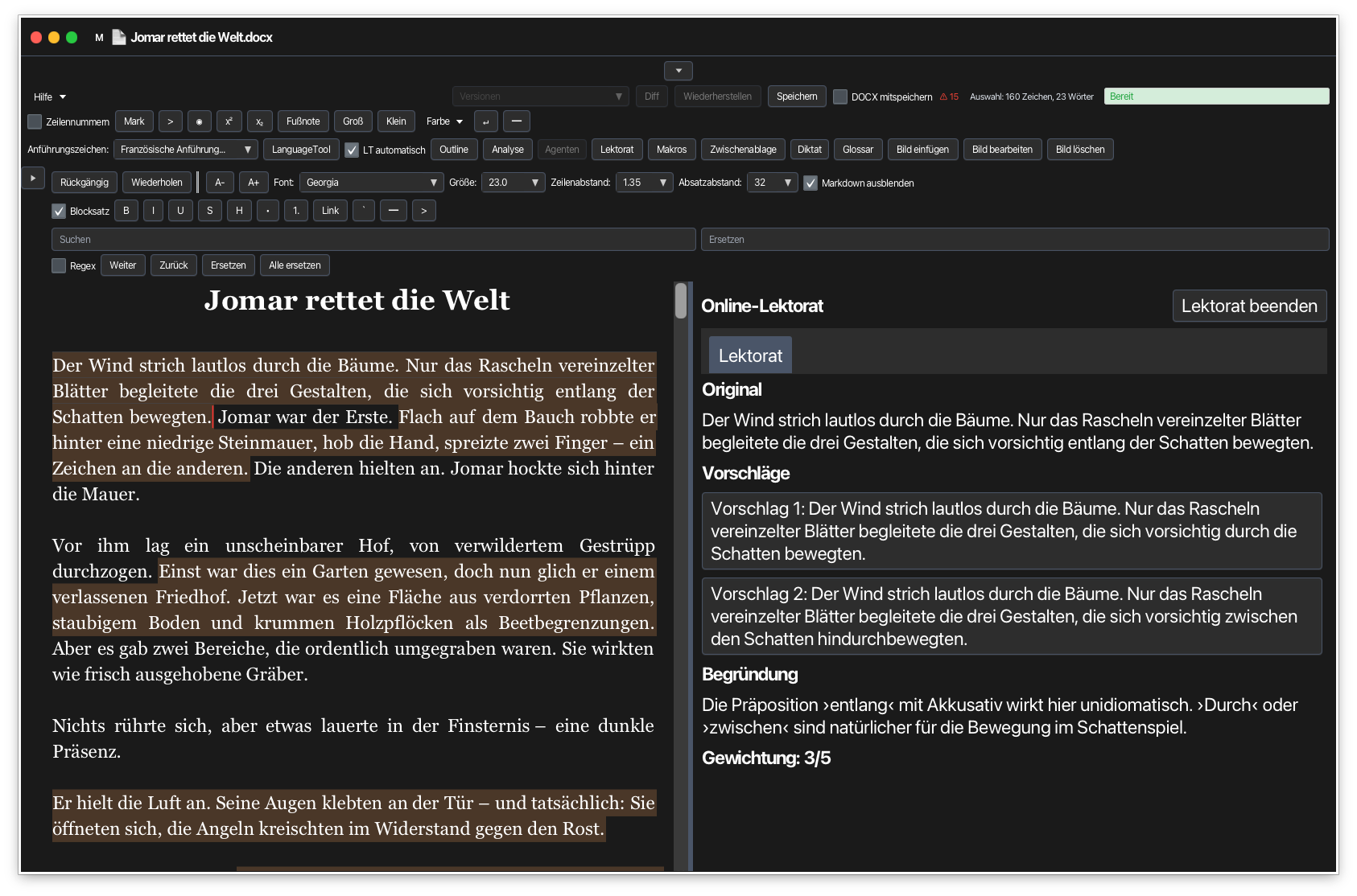 Online-Lektorat mit markiertem Text und zwei Formulierungsvorschlägen