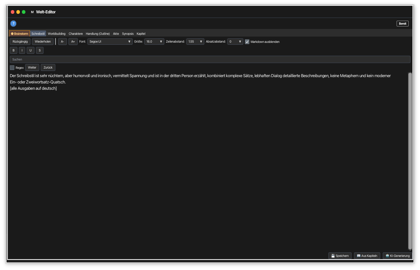 Welt-Editor mit Tabs für Brainstorm, Figuren, Outline und KI-Aktionen