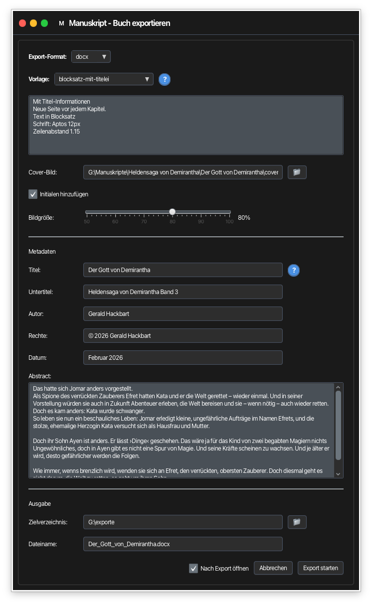 Export-Dialog mit Format, Vorlage, Metadaten und Zieldatei