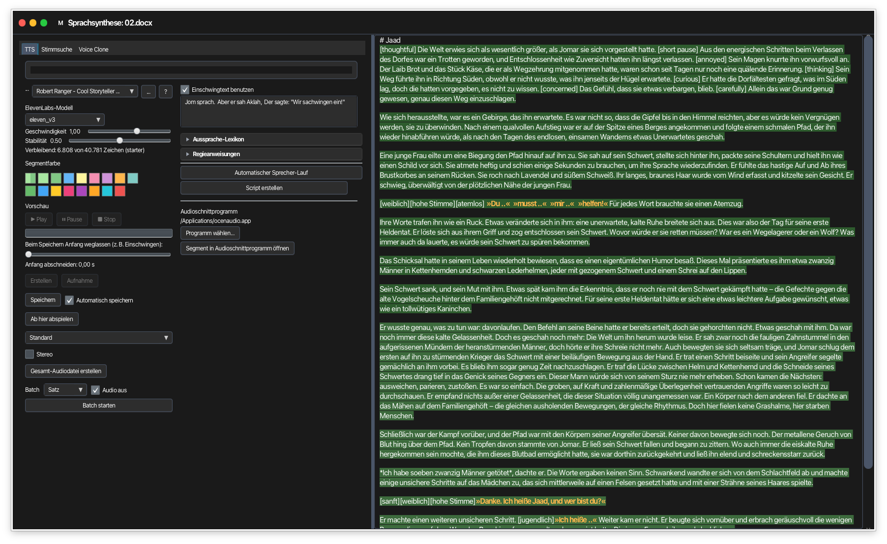 TTS-Editor mit Stimmeinstellungen links und markierten Hörbuch-Segmenten rechts