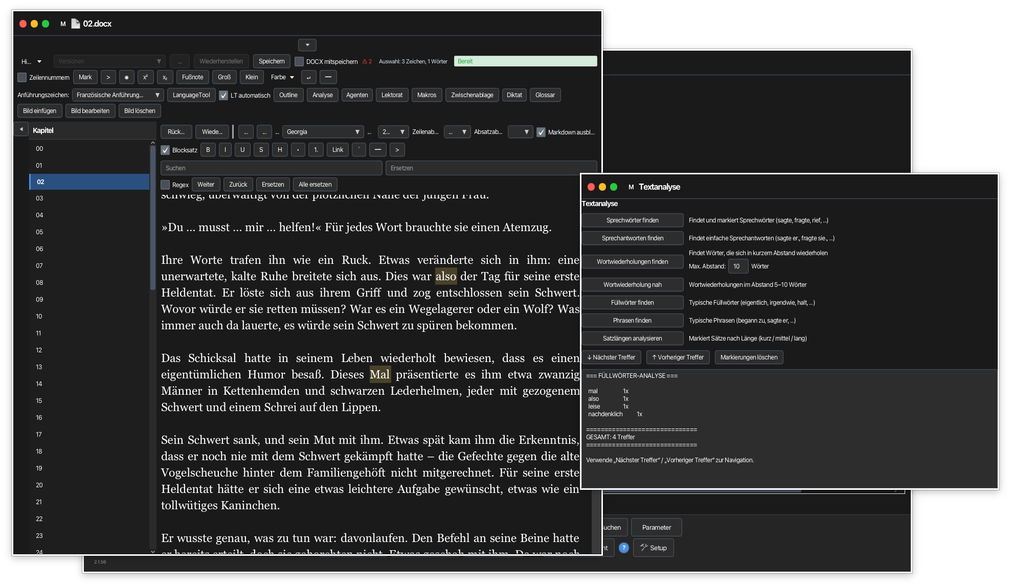 Textanalyse-Fenster mit Füllwörter-Treffern im Kapiteltext