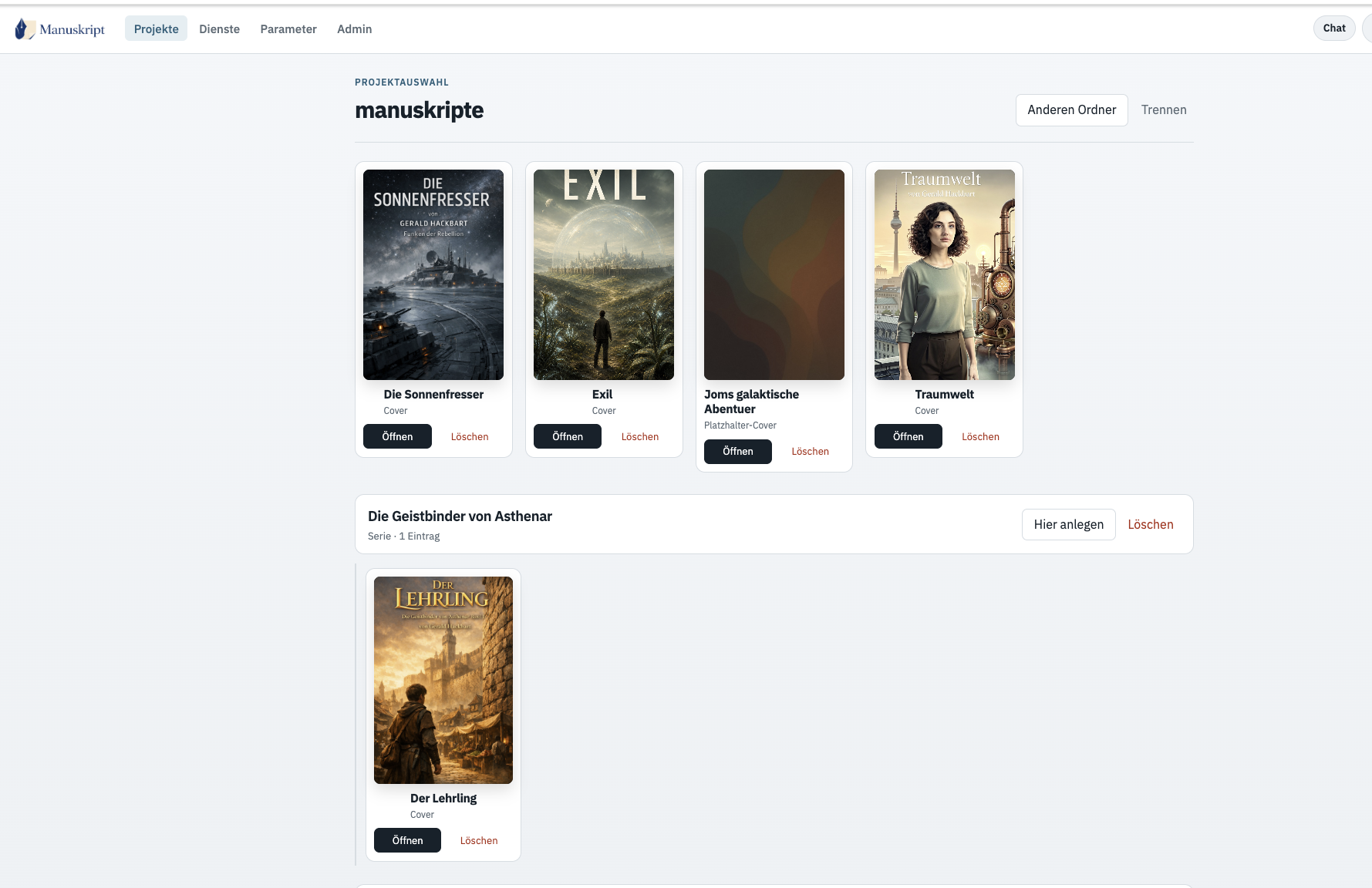 Projektauswahl der Manuskript-Web-App mit mehreren Büchern und einer Serie