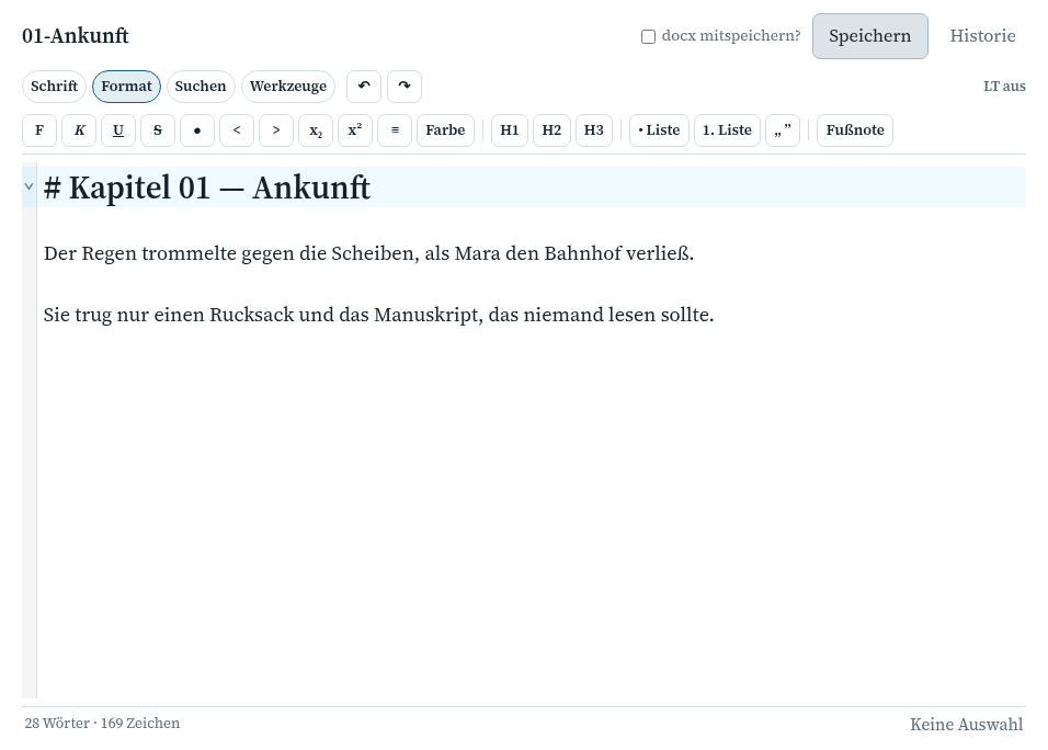 Kapitel-Editor in der Web-App mit Toolbar und Schreibfläche